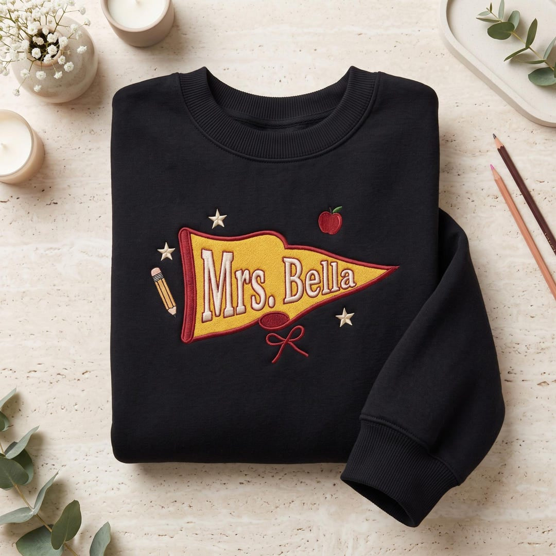 Personalized Teacher School Pennant Apple Pencil Stars Bow Custom Name embroidered sweatshirt — front view