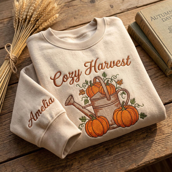 Personalized Cozy Harvest Pumpkin Watering Can Fall Garden Custom Name Sleeve embroidered sweatshirt — front view
