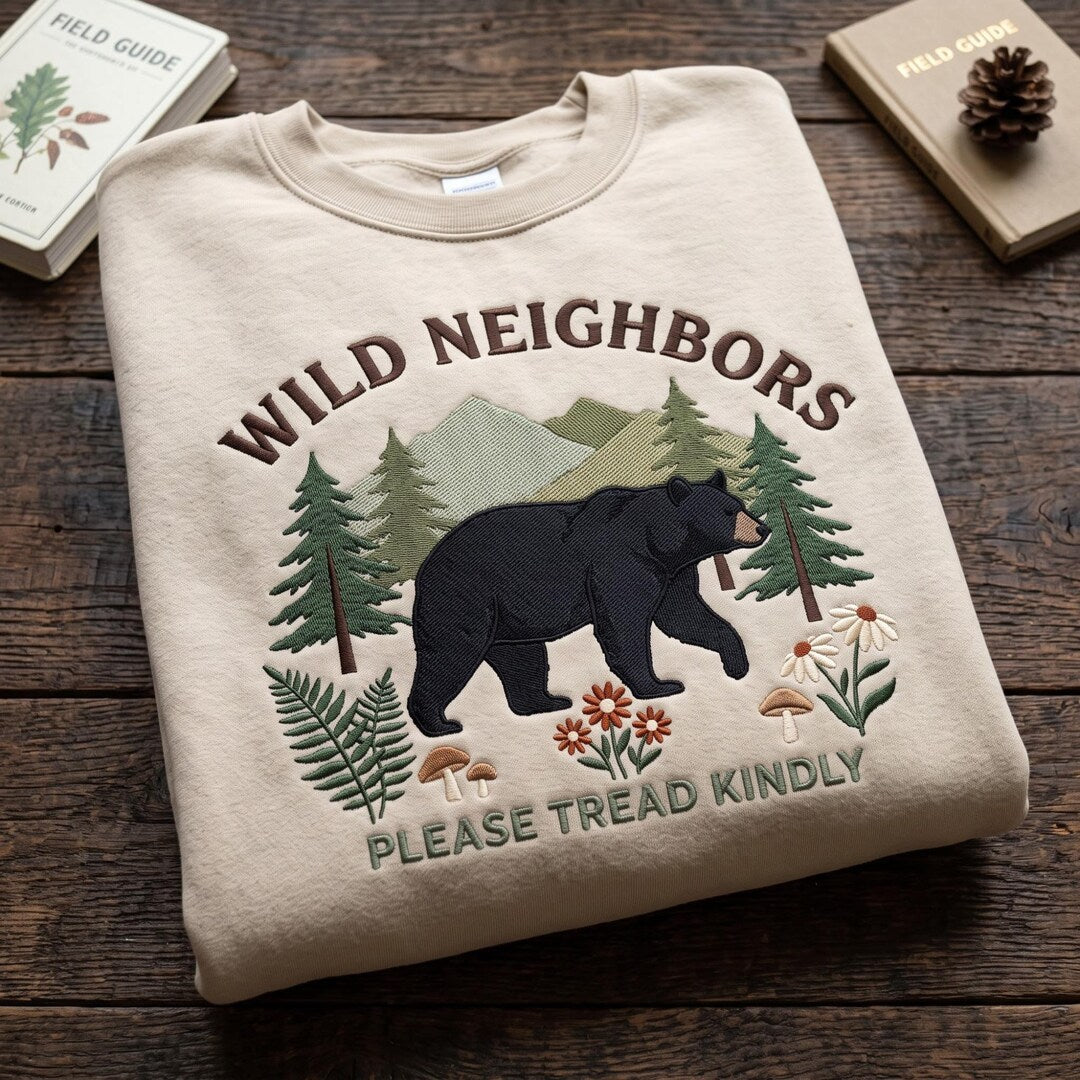 Wild Neighbors Black Bear Forest Wildlife Nature Please Tread Kindly embroidered sweatshirt — front view