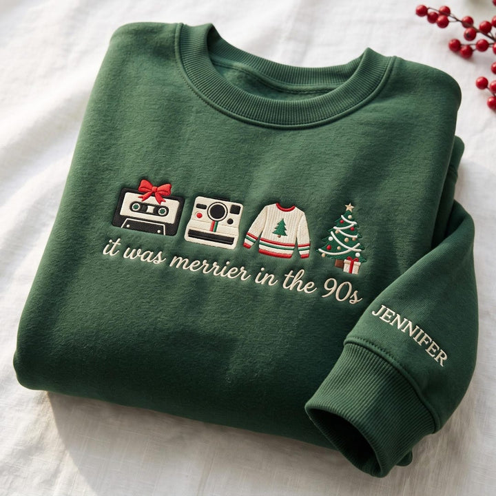 Personalized It Was Merrier in the 90s Cassette Tape Camera Ugly Sweater Christmas Tree embroidered sweatshirt — front view
