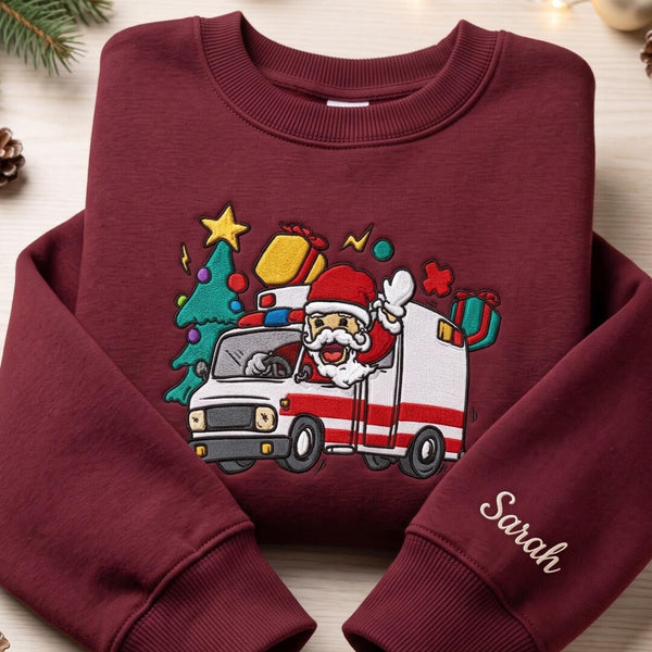 Personalized Santa Ambulance Christmas EMT Paramedic Custom Name Sleeve embroidered sweatshirt — front view