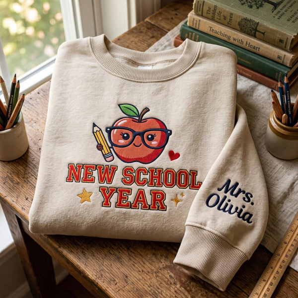 Personalized School Year Apple Teacher Pencil Custom Name Sleeve embroidered sweatshirt — front view