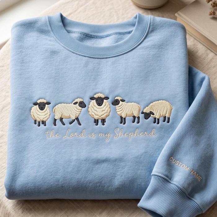 Personalized the Lord Is My Shepherd Psalm 23 Five Sheep Faith Embroidered Sweatshirt