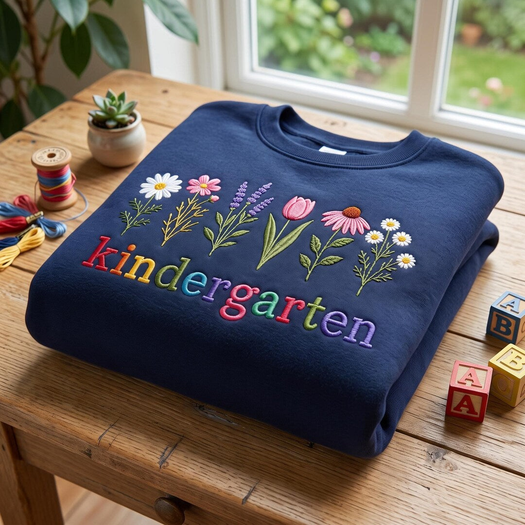 Personalized Kindergarten Teacher Wildflower Floral Colorful Letters Custom Name embroidered sweatshirt — front view