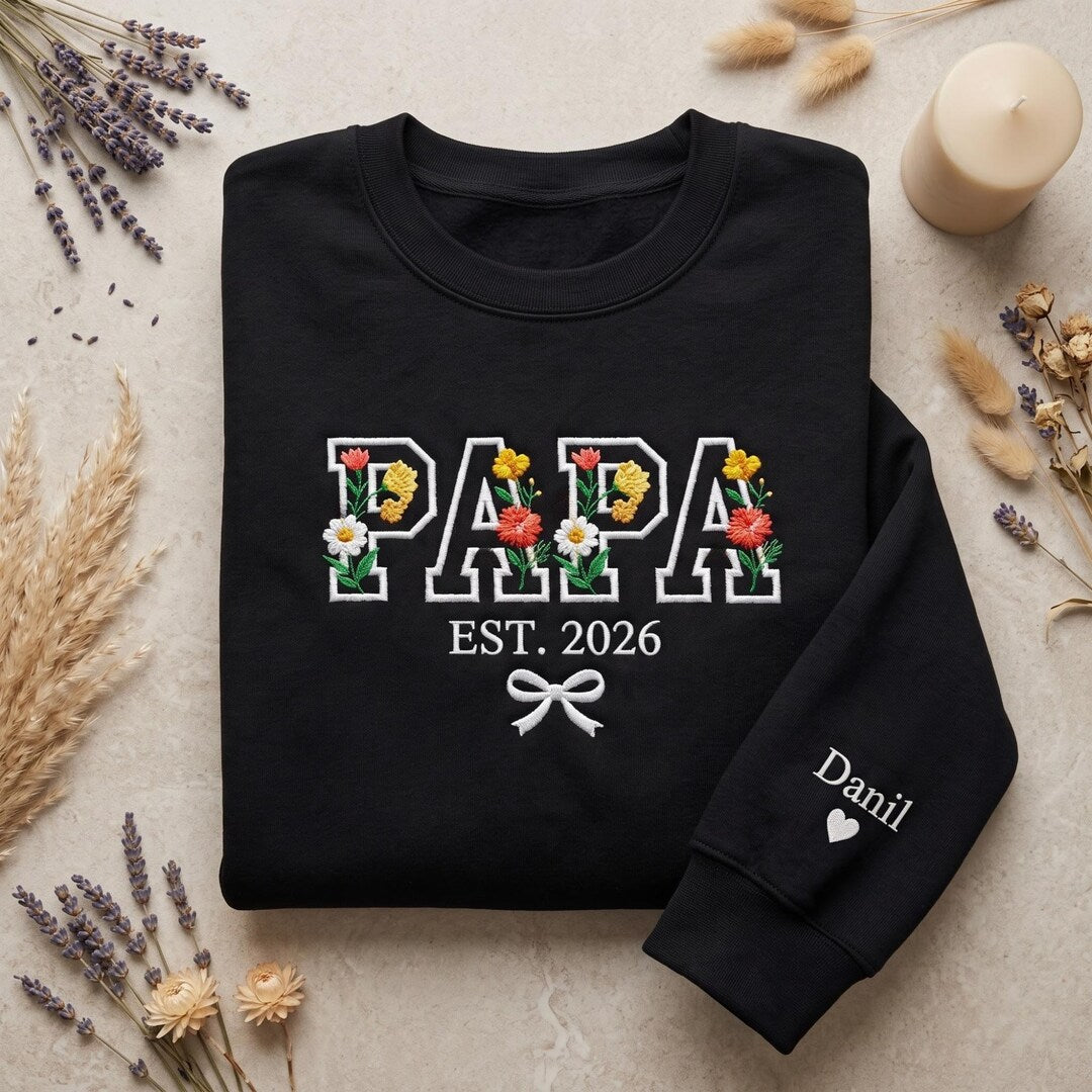 Personalized Papa Floral Letters EST Year Bow Kids Names on Sleeve embroidered sweatshirt — front view