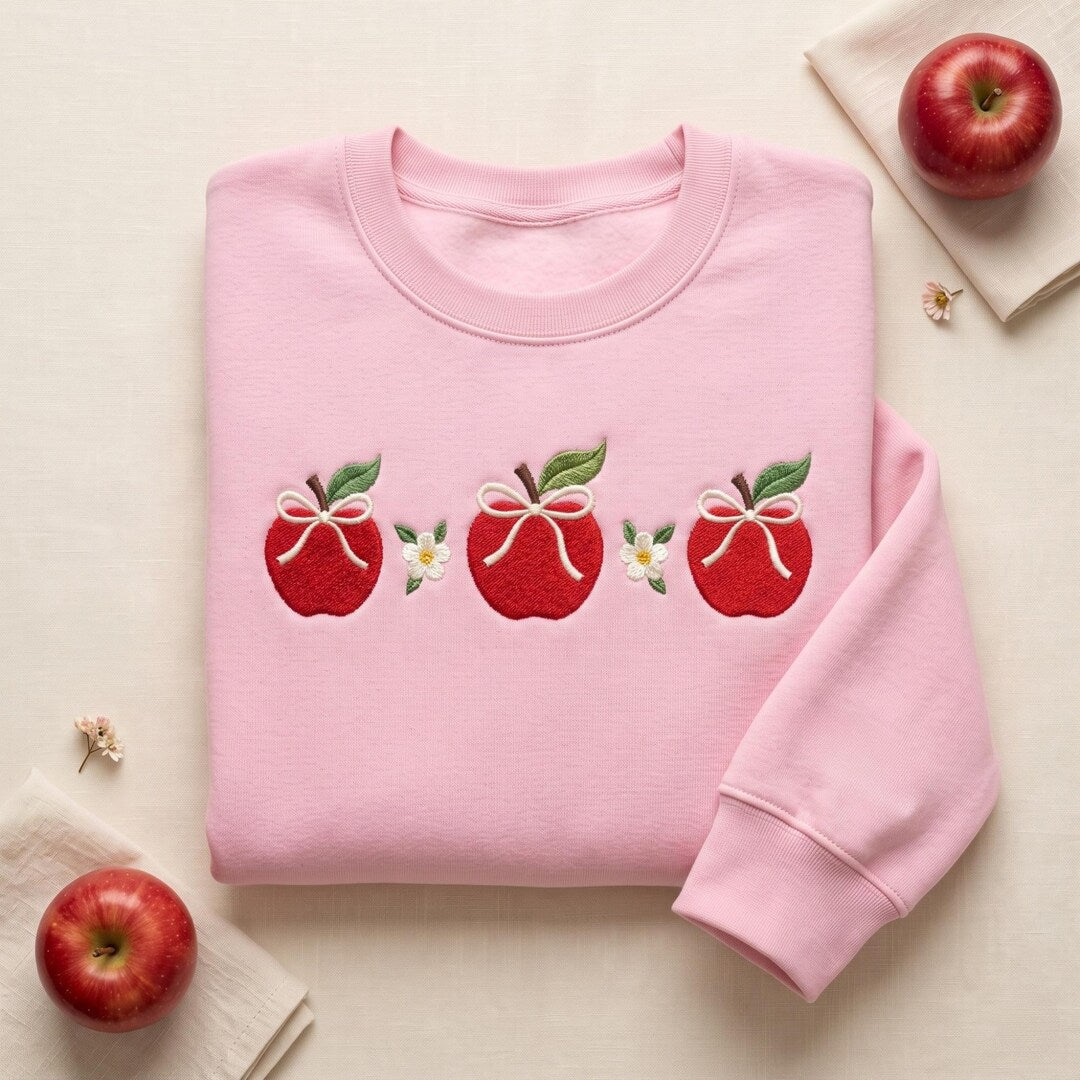 Personalized Three Apples Coquette Bow Floral to School embroidered sweatshirt — front view