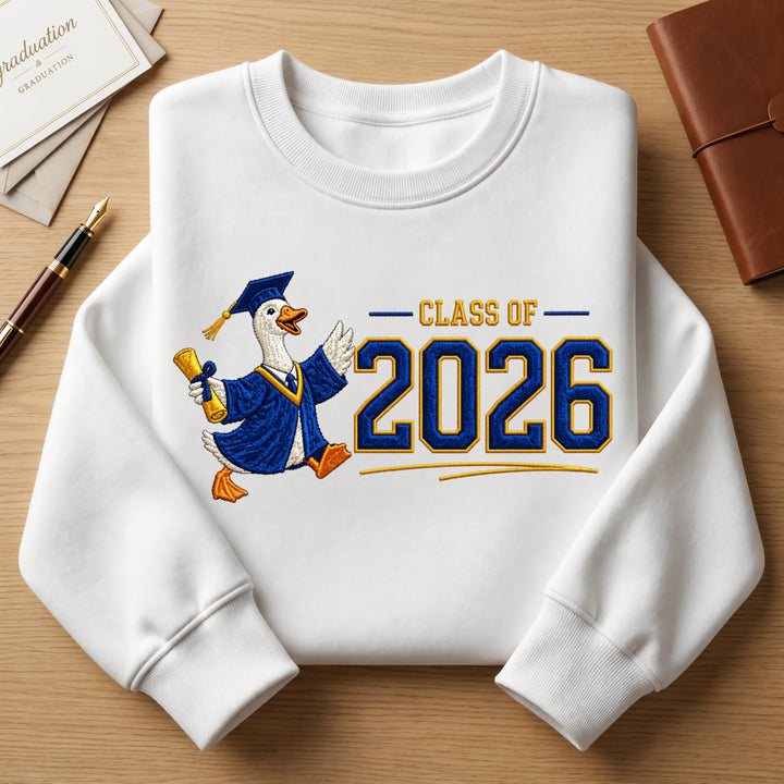 Class of 2026 Graduation Goose Diploma Cap Gown embroidered sweatshirt — front view