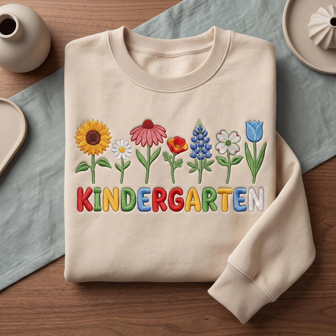 Personalized Kindergarten Colorful Wildflowers Custom Name embroidered sweatshirt — front view