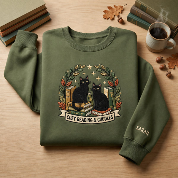 Personalized Two Black Cats Books Cozy Reading Cuddles embroidered sweatshirt — front view