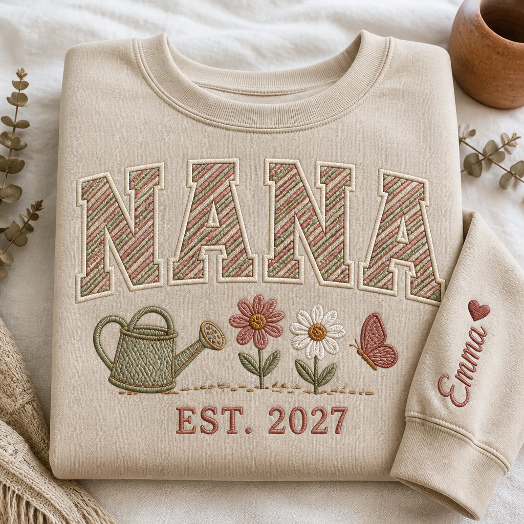 Personalized Grandma Floral Garden EST Year Grandkids Name Sleeve embroidered sweatshirt — front view