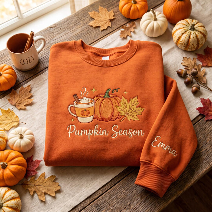Personalized Pumpkin Season Latte Cup Maple Leaf Fall Custom Name Sleeve Embroidered Sweatshirt