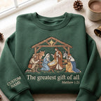 Personalized Nativity Scene the Greatest Gift of All Matthew 1:21 Custom Name Sleeve Christmas Faith embroidered sweatshirt — front view
