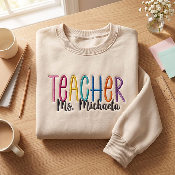 Personalized Teacher Multicolor Rainbow Letters Custom Name embroidered sweatshirt — front view