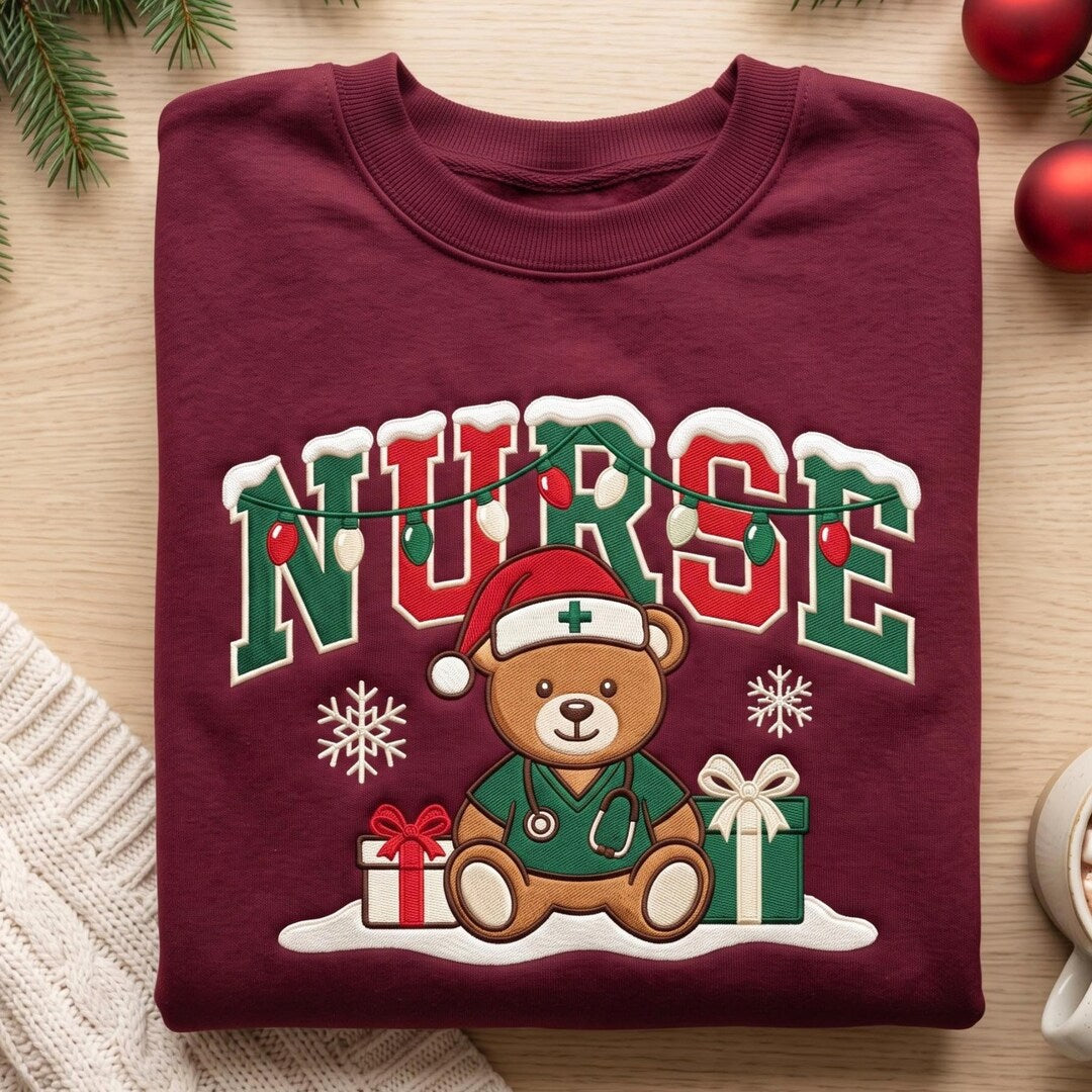 Personalized Christmas Nurse Teddy Bear Scrubs Stethoscope Santa Hat Gifts embroidered sweatshirt — front view