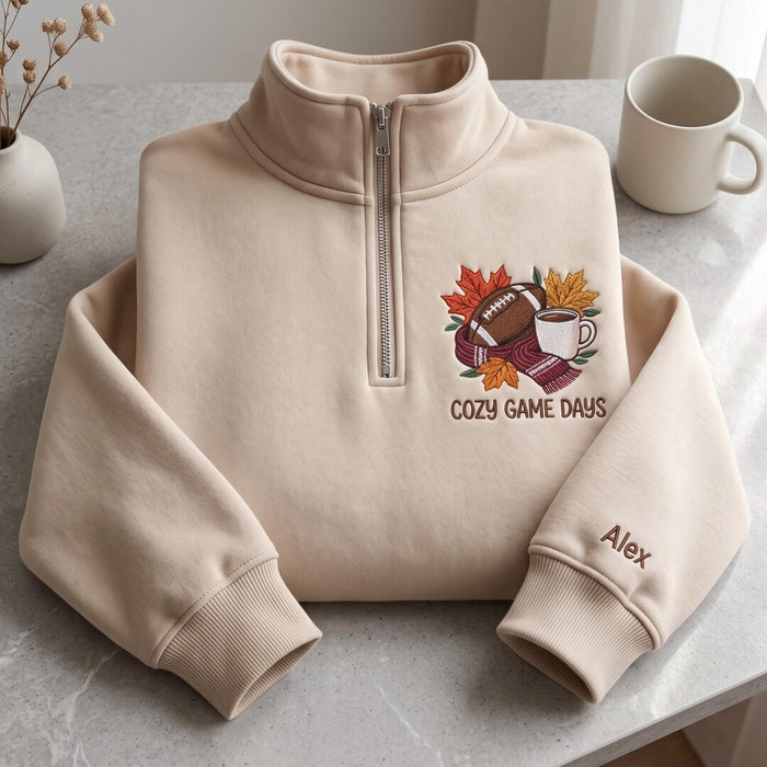 Personalized Cozy Game Days Football Fall Leaves Coffee Cup Embroidered Quarter-Zip
