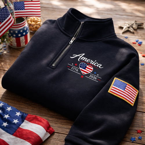 America 1776 2026 Flag Heart Stars Patriotic embroidered quarter-zip — front view