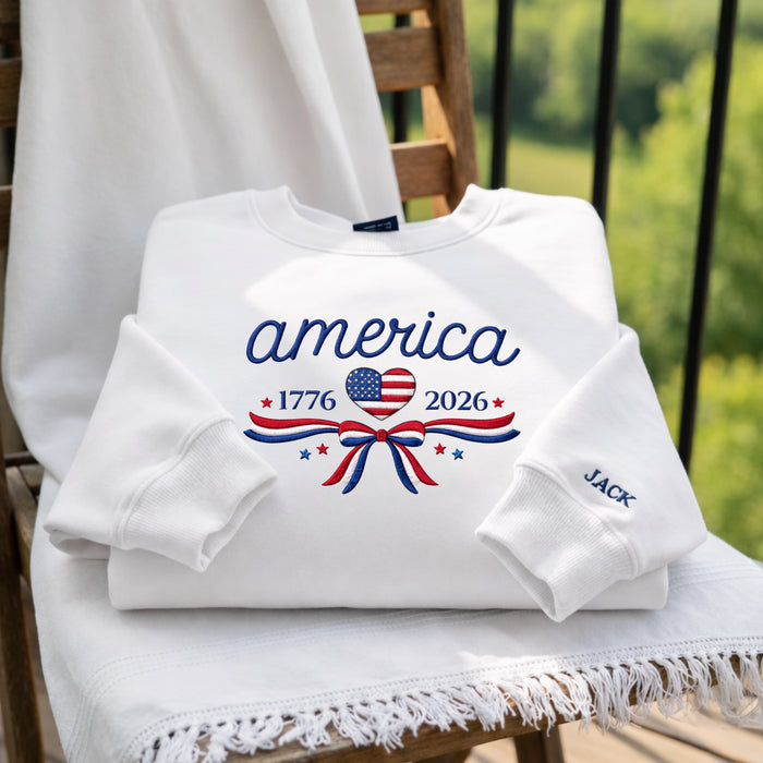 Personalized America 1776 2026 Flag Heart Coquette Bow Stars Patriotic Embroidered Sweatshirt