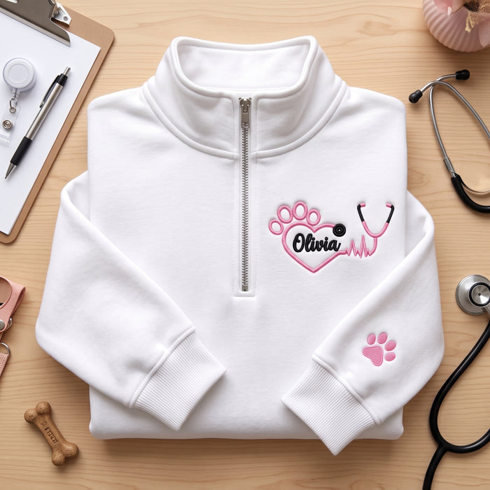 Personalized VET Tech Nurse Paw Heart Stethoscope Heartbeat Sleeve Paw Embroidered Quarter-Zip