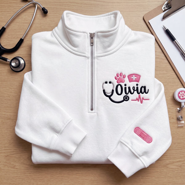 Personalized Veterinary Nurse Stethoscope Paw Print Heartbeat embroidered quarter-zip — front view