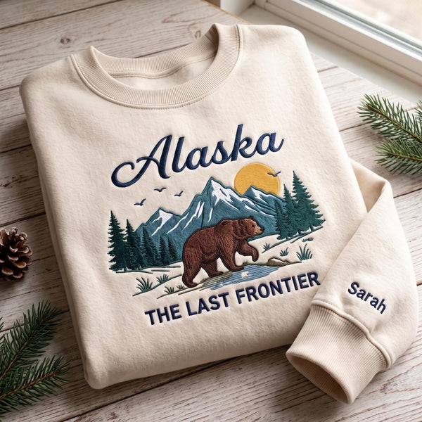 Personalized Alaska the Last Frontier Bear Mountain Scenic Custom Name Sleeve embroidered sweatshirt — front view