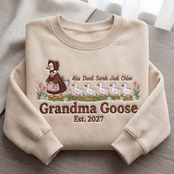 Personalized Grandma Goose Grandkids Names EST Year Floral Garden embroidered sweatshirt — front view