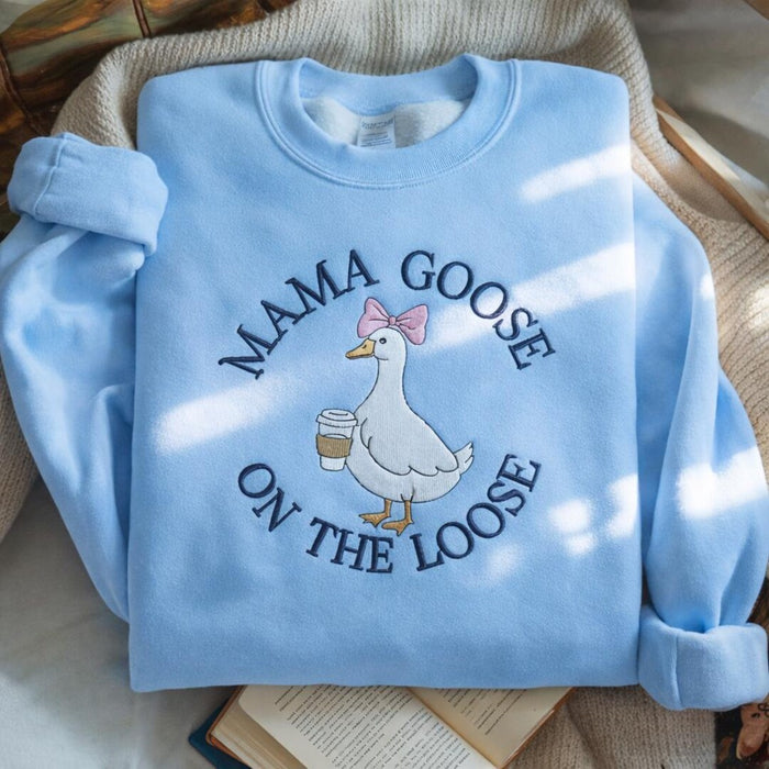 Mama Goose on the Loose Coffee Cup Bow Funny Mom Embroidered Sweatshirt