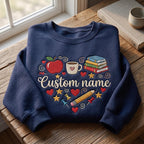Personalized Teacher Custom Name Apple Coffee Books Pencil Pin Stars Heart embroidered sweatshirt — front view
