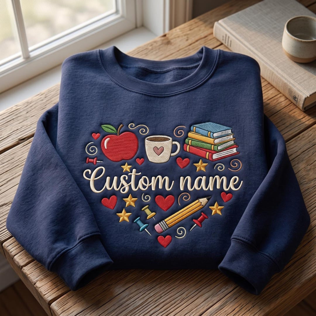 Personalized Teacher Custom Name Apple Coffee Books Pencil Pin Stars Heart embroidered sweatshirt — front view