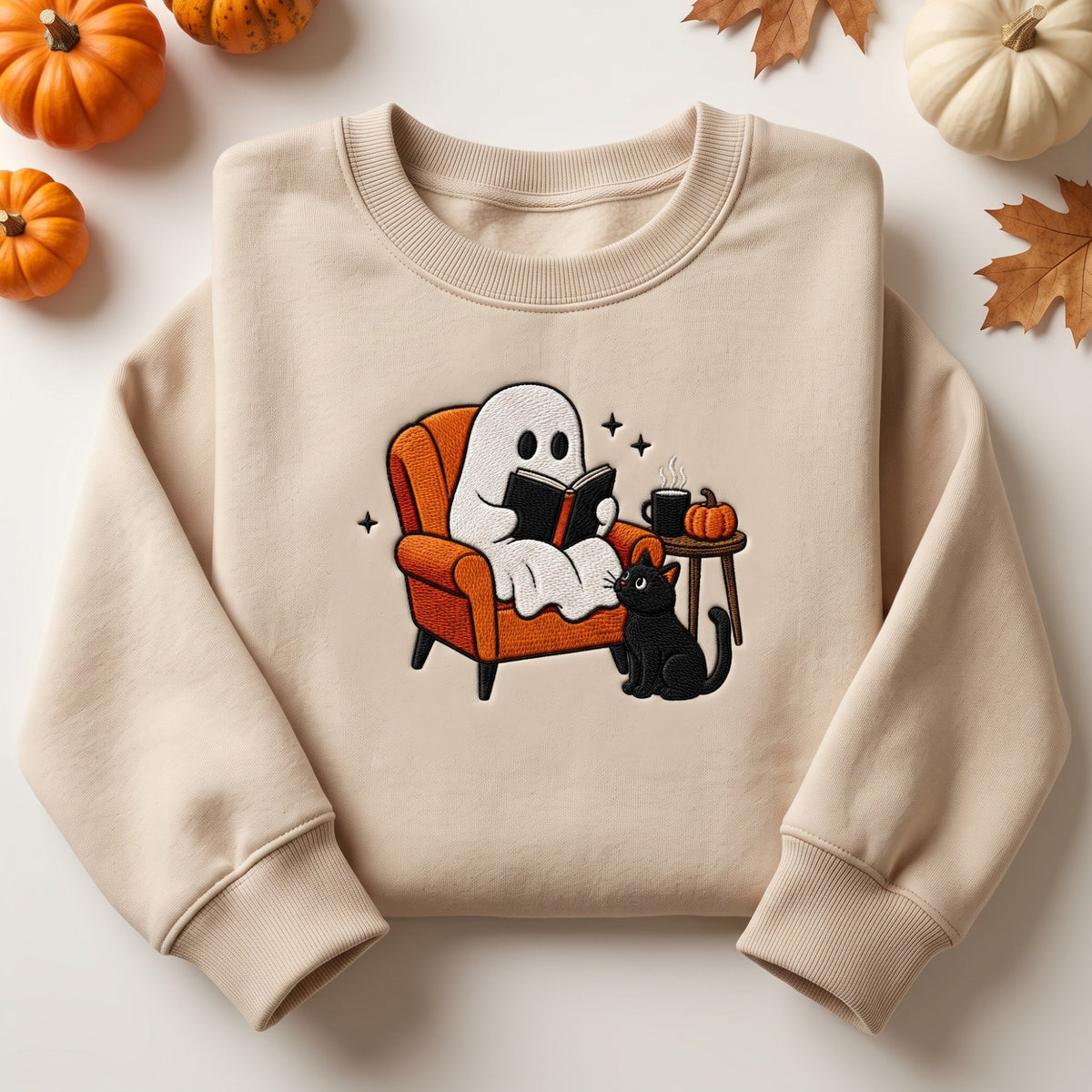 Halloween Ghost Reading Book Black Cat Armchair Cozy embroidered sweatshirt — front view