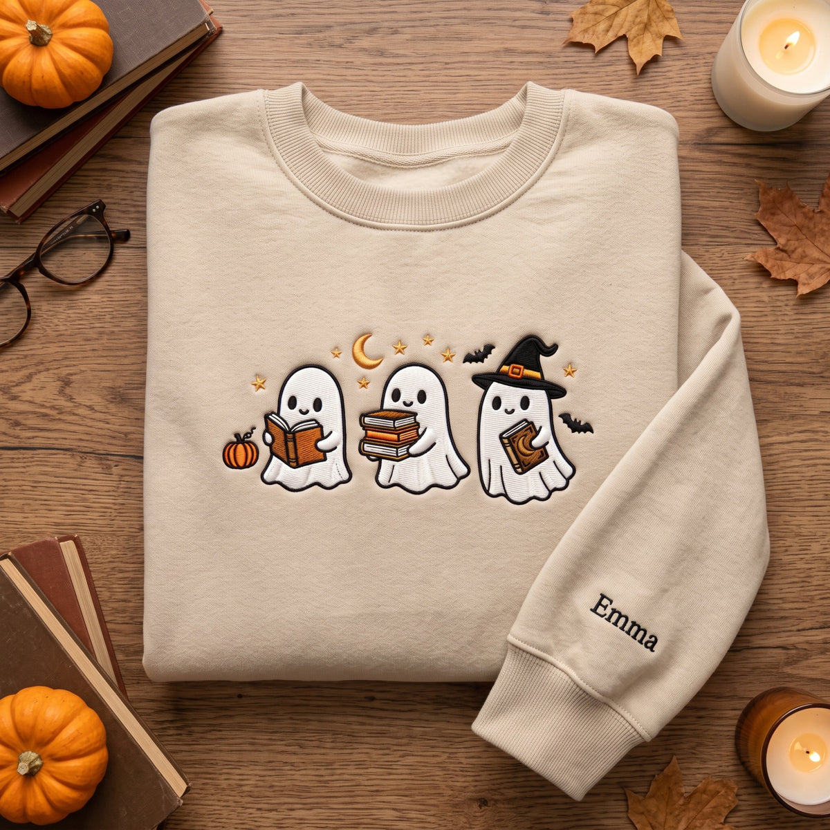 Personalized Halloween Three Ghosts Reading Books Witch Hat embroidered sweatshirt — front view