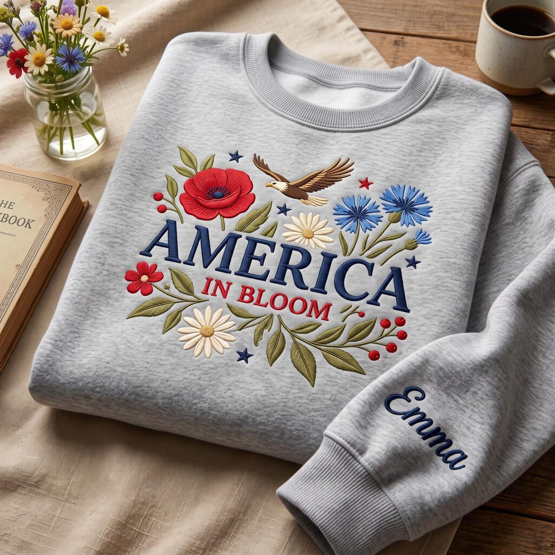 Personalized America in Bloom Patriotic Floral Eagle Wildflower Custom Sleeve Name embroidered sweatshirt — front view