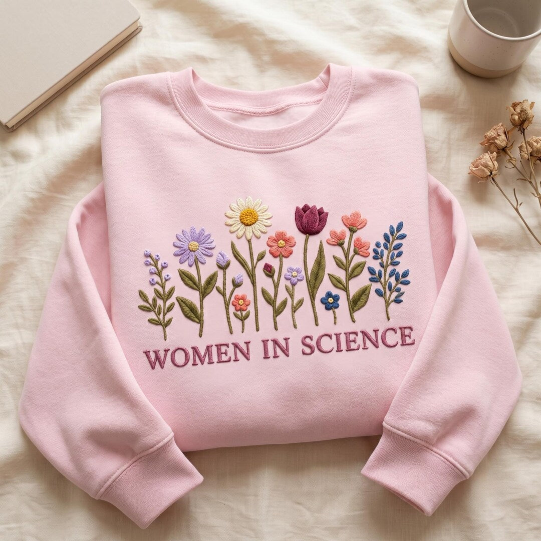 Women in Science Wildflower Floral Botanical embroidered sweatshirt — front view
