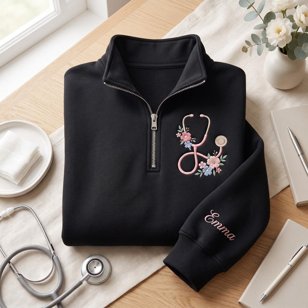 Personalized Nurse Floral Stethoscope Custom Name on Sleeve embroidered sweatshirt — front view
