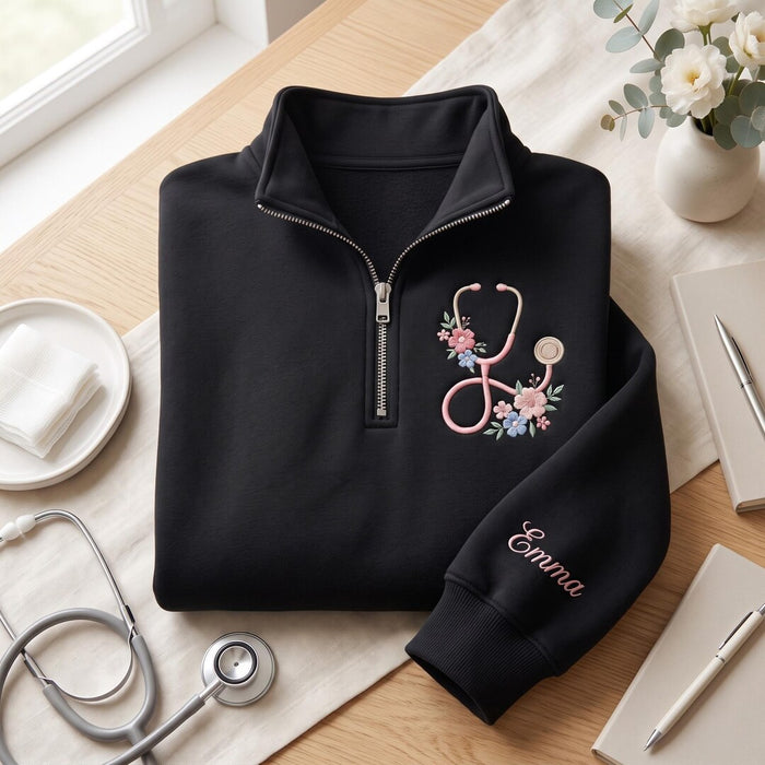 Personalized Nurse Floral Stethoscope Custom Name on Sleeve Embroidered Quarter-Zip