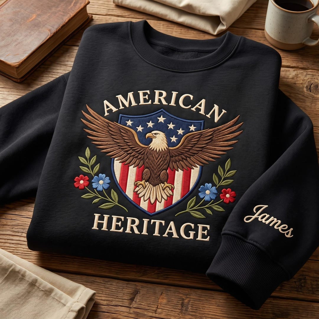 Personalized American Heritage Bald Eagle Patriotic Shield Floral embroidered sweatshirt — front view