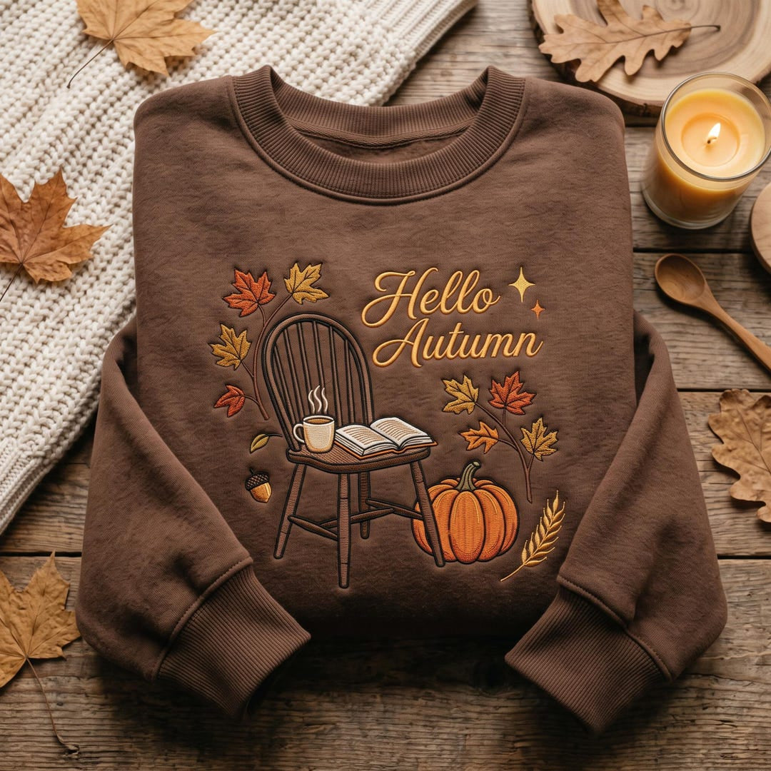 Hello Autumn Cozy Chair Pumpkin Coffee Book Leaves Fall Scene embroidered sweatshirt — front view