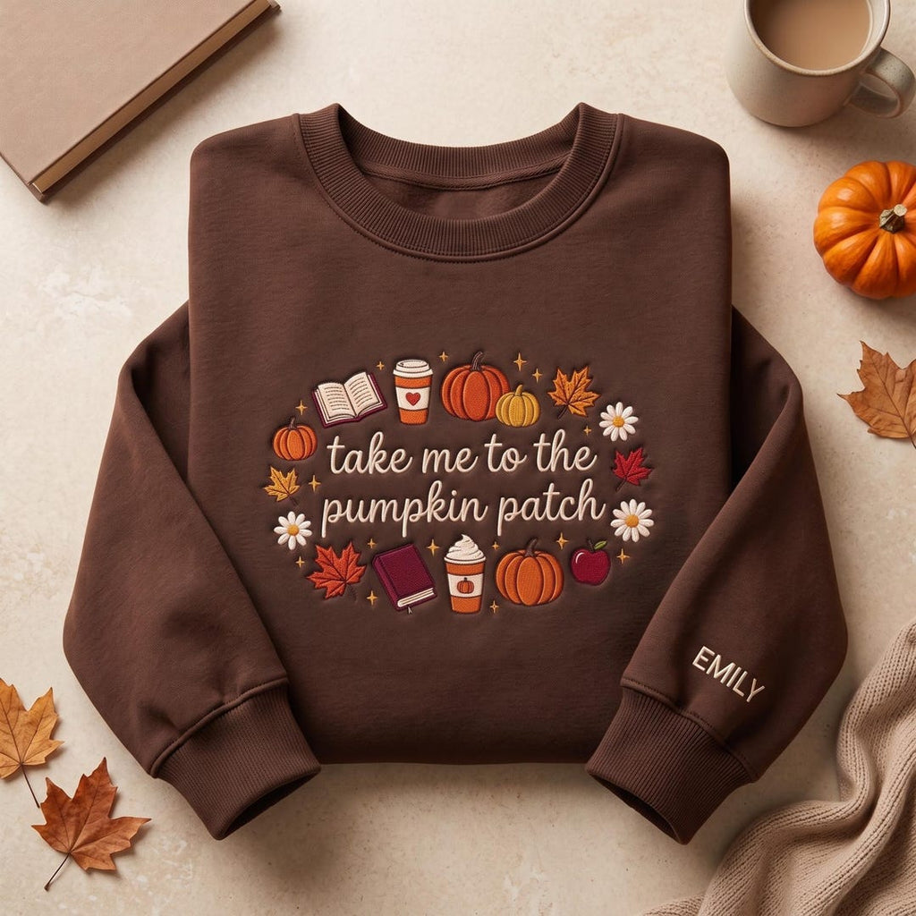 Personalized Take Me to the Pumpkin Patch Fall Coffee Book Leaves Sleeve Name embroidered sweatshirt — front view