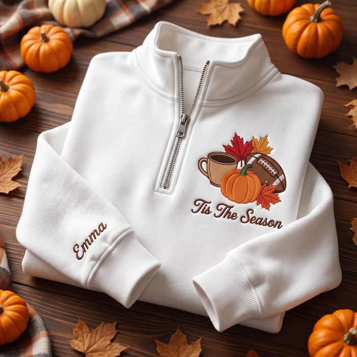 Personalized Fall Pumpkin Coffee Football Leaves Tis the Season Sleeve Name Embroidered Quarter-Zip