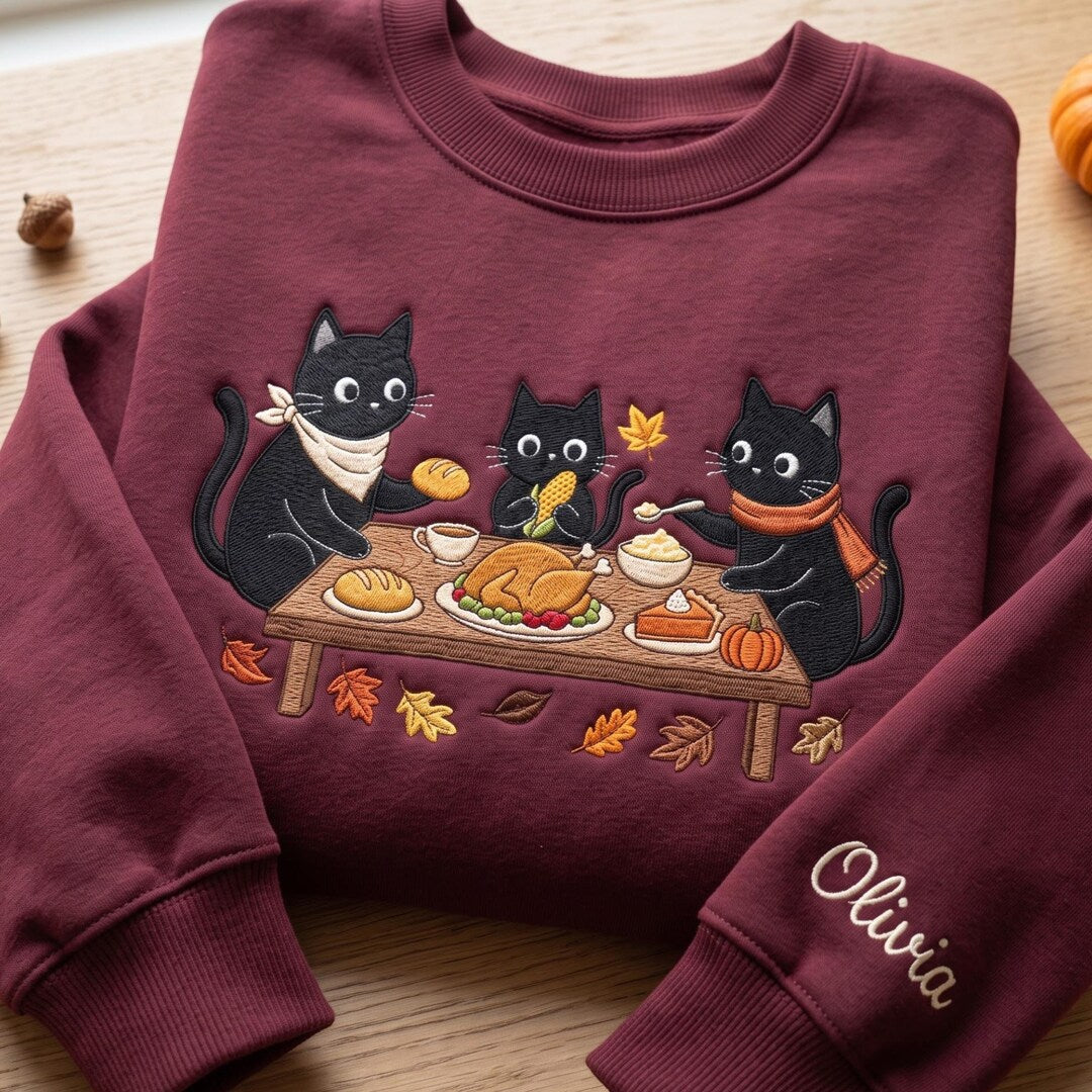 Personalized Thanksgiving Three Black Cats Feast Autumn Leaves Custom Name Sleeve embroidered sweatshirt — front view