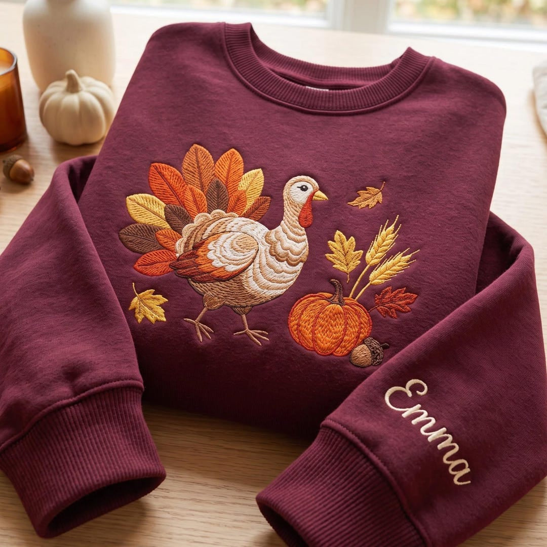 Personalized Thanksgiving Turkey Autumn Leaves Pumpkin Acorn Wheat Custom Name Sleeve embroidered sweatshirt — front view