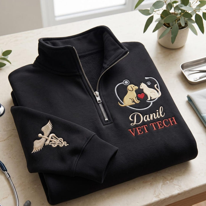 Personalized VET Tech Dog Cat Stethoscope Heart Custom Name Embroidered Quarter-Zip