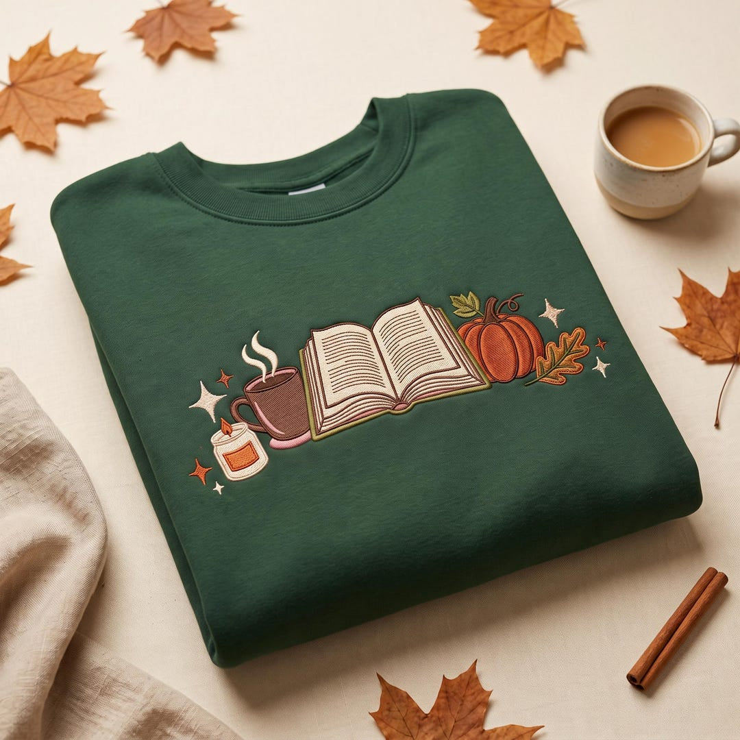 Fall Reading Book Pumpkin Candle Coffee Mug Cozy Autumn Bookish embroidered sweatshirt — front view