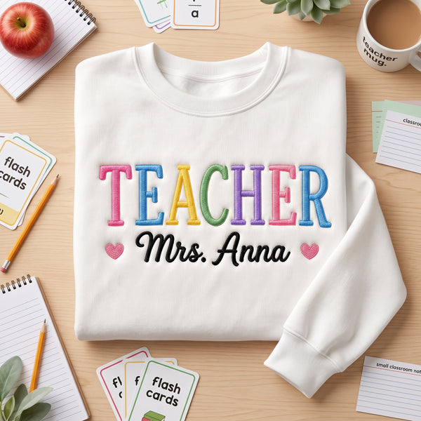 Personalized Teacher Custom Name Colorful Letters embroidered sweatshirt — front view