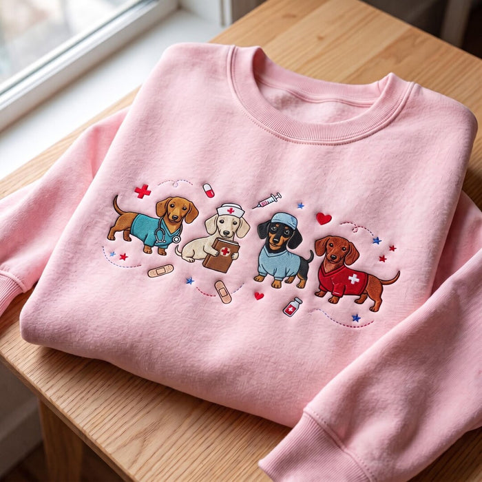 Personalized Dachshund Nurse RN Four Dogs Medical Embroidered Sweatshirt