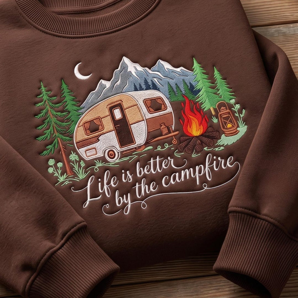 Camping Vintage Camper Campfire Mountain Life Is Better by the Campfire embroidered sweatshirt — front view