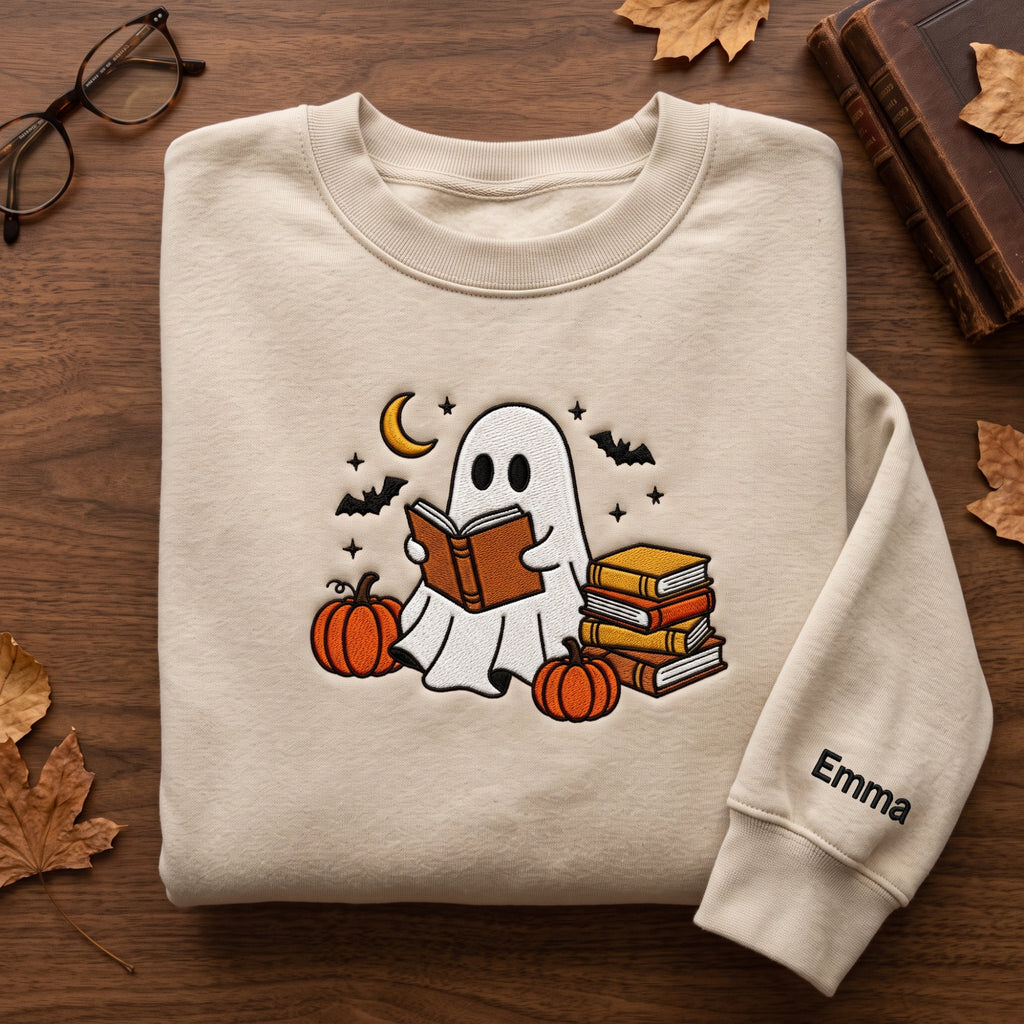 Personalized Halloween Ghost Reading Books Pumpkins Bats Moon embroidered sweatshirt — front view