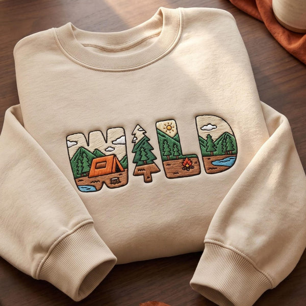 Wild Camping Adventure Nature Scene Letter Art Outdoor embroidered sweatshirt — front view
