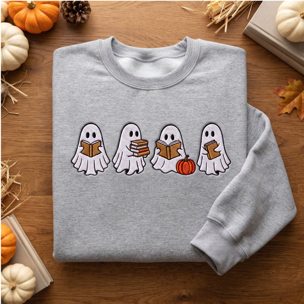 Halloween Four Reading Ghosts Pumpkin Books Spooky Season embroidered sweatshirt — front view