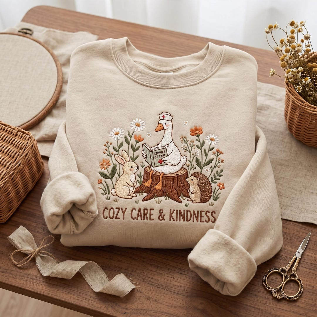 Nurse Goose Reading Book Wildflowers Bunny Hedgehog Cozy Care Kindness embroidered sweatshirt — front view