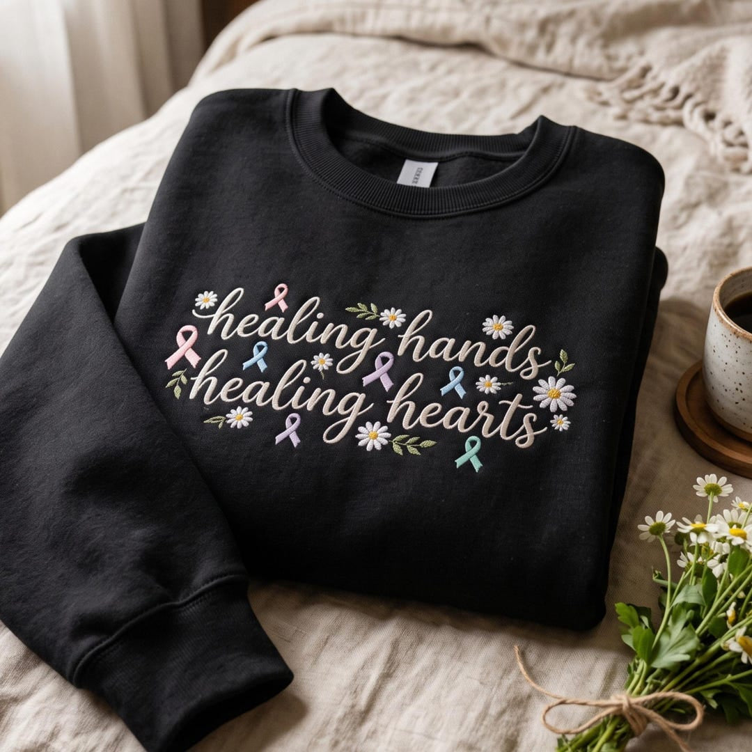 Healing Hands Healing Hearts Awareness Ribbon Daisy Floral embroidered hoodie — front view
